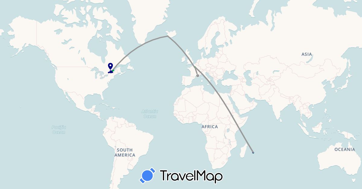 TravelMap itinerary: driving, bus, plane, cycling, hiking, hitchhiking in Canada, France, Iceland, Réunion (Africa, Europe, North America)